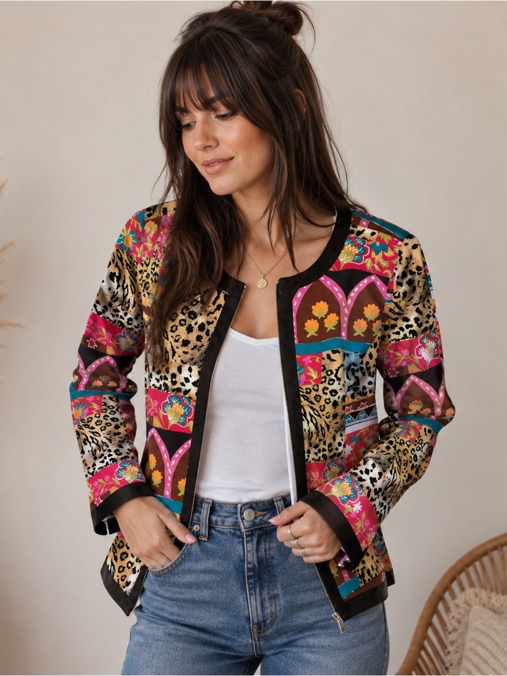 Vintage Women's Multicolor Printed Bomber Jacket Size 14
